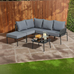 Home Treats Black & Grey L Shape Outdoor Sofa Set With Table And Cushions