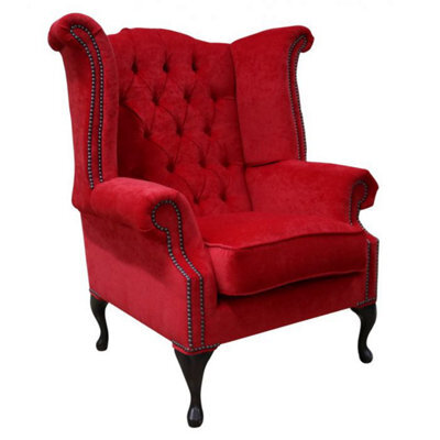 Chesterfield High Back Wing Chair Pimlico Rouge Red Fabric In Queen Anne Style - image 1