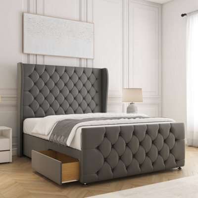 Bsspoke Anna Divan Bed Set Grey Plush Velvet With 54Inch Headboard & Footboard 2 Drawers Footend & Mattress In All Sizes - image 1