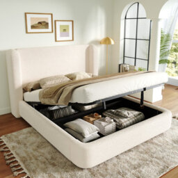 Merax 6Ft Super King Bed Frame 180X200 Cm, Bouclé Upholstered Ottoman Storage Bed, Wingback Headboard, Cream White
