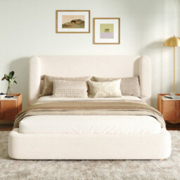 Merax 6Ft Super King Bed Frame 180X200 Cm, Bouclé Upholstered Ottoman Storage Bed, Wingback Headboard, Cream White - thumbnail 2