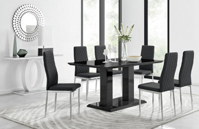 Furniturebox Imperia Black High Gloss 6 Seater Dining Table With Structural 2 Plinth Column Legs 6 Black Stitched Faux Leather Milan Chairs - image 1