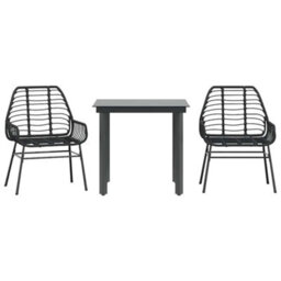 Berkfield 3 Piece Garden Dining Set Black Poly Rattan Glass - thumbnail 2