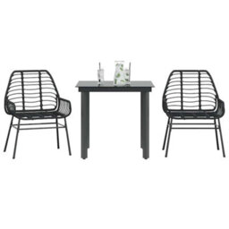 Berkfield 3 Piece Garden Dining Set Black Poly Rattan Glass - thumbnail 1