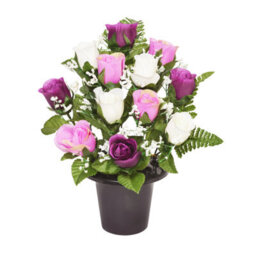 Premium Artificial Grave Flowers - 29Cm Purple Frontal Rosebud With Fern & Gypsophila Memorial Vase Pot - thumbnail 3
