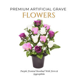 Premium Artificial Grave Flowers - 29Cm Purple Frontal Rosebud With Fern & Gypsophila Memorial Vase Pot - thumbnail 1