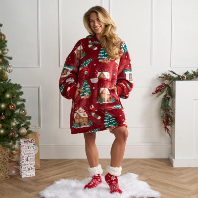 OHS Xmas Hoodie Blanket Throw Sherpa Fleece Warm Plush Jumper Sweatshirt Super Soft - image 1