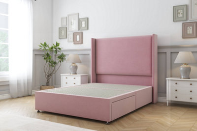 "Sloomy Devonshire Pink Plush Divan Bed Base No Drawers With 54"" Wingback Headboard 4' Small Double" - image 1