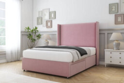 "Sloomy Devonshire Pink Plush Divan Bed Base No Drawers With 54"" Wingback Headboard 4' Small Double" - thumbnail 3
