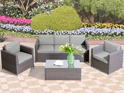 5 Seat Outdoor Rattan Garden Furniture Lounge Set With 3 Seater Sofa, 2 Armchairs, Coffee Table And 80mm Cushions - Mixed Grey - image 1