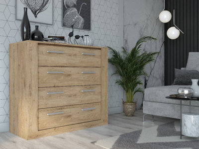 Arte Idea 10 Contemporary Chest Of Drawers Silver Handles 4 Drawers Oak Effect (H)91Cm (W)100Cm (D)42Cm - image 1