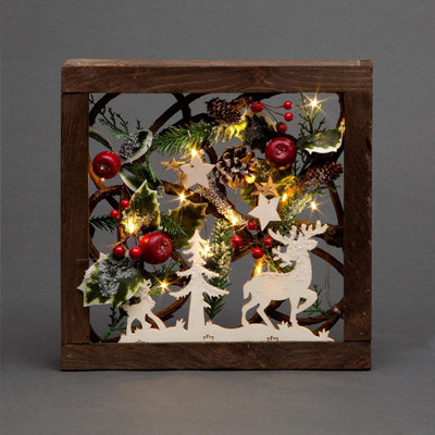 Shatchi Prelit Wooden Square Frame Tabletop Decorations Xmas With Leaves Pine Cones Berries 3D Nordic Scene,30Cm - image 1