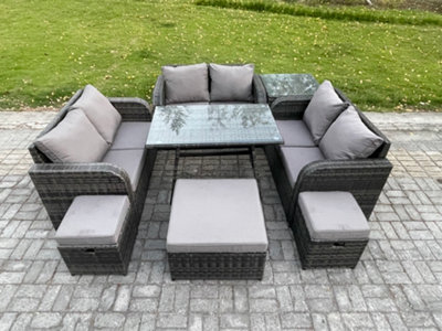 Fimous Outdoor Rattan Garden Furniture Set 9 Seater Patio Love Sofa Set With Rectangular Dining Table 3 Footstools Side Table - image 1