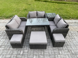 Fimous Outdoor Rattan Garden Furniture Set 9 Seater Patio Love Sofa Set With Rectangular Dining Table 3 Footstools Side Table - thumbnail 1
