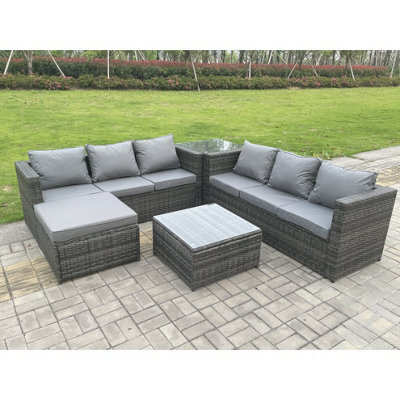 Fimous 7 Seater Dark Mixed Grey Rattan Corner Sofa Outdoor Garden Furniture Sofa Set With 2 Coffee Table Footstool - image 1
