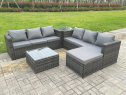 Fimous 7 Seater Dark Mixed Grey Rattan Corner Sofa Outdoor Garden Furniture Sofa Set With 2 Coffee Table Footstool - thumbnail 4