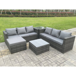 Fimous 7 Seater Dark Mixed Grey Rattan Corner Sofa Outdoor Garden Furniture Sofa Set With 2 Coffee Table Footstool - thumbnail 3