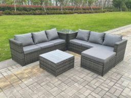 Fimous 7 Seater Dark Mixed Grey Rattan Corner Sofa Outdoor Garden Furniture Sofa Set With 2 Coffee Table Footstool - thumbnail 8