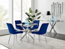 Furniturebox Uk Novara Chrome Metal Round Glass Dining Table And 4 Navy Pesaro Silver Leg Chairs - thumbnail 1