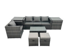 Fimous Outdoor Coffee Table Sofa Armchair Set With 2 Side Tables 2 Small Footstools Garden Furniture Set Dark Grey Mixed - thumbnail 2