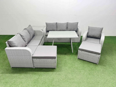 Fimous 7 Pieces Outdoor Pe Rattan Garden Furniture With Cushions Reclining Chair Side Table 2 Big Stools Light Grey - image 1