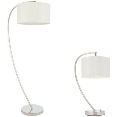 Standing Floor & Table Lamp Set Bright Nickel & White Shade Curved Stem Light - image 1