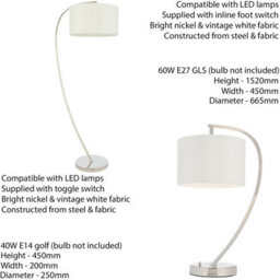 Standing Floor & Table Lamp Set Bright Nickel & White Shade Curved Stem Light - thumbnail 2