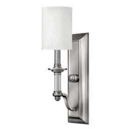 Stylish Wall Light With Clear Glass Column And White Fabric Shade In Brushed Nickel Finish