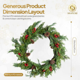 Shatchi 90Cm Cedar Christmas Wreath Artificial Greenery Red Berry & Pinecone For Door - thumbnail 6