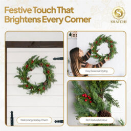 Shatchi 90Cm Cedar Christmas Wreath Artificial Greenery Red Berry & Pinecone For Door - thumbnail 7