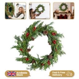 Shatchi 90Cm Cedar Christmas Wreath Artificial Greenery Red Berry & Pinecone For Door - thumbnail 2