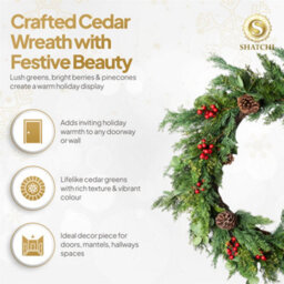Shatchi 90Cm Cedar Christmas Wreath Artificial Greenery Red Berry & Pinecone For Door - thumbnail 3