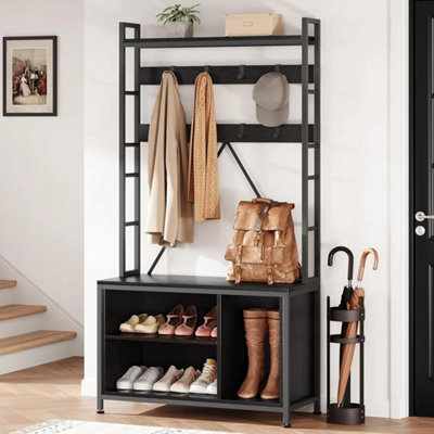 Black 5 In 1 Entryway Bench Coat Rack Shoe Storage Tree With Cubbies - image 1