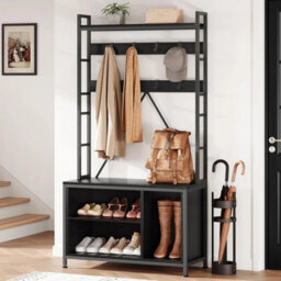 Black 5 In 1 Entryway Bench Coat Rack Shoe Storage Tree With Cubbies - thumbnail 1