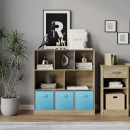 Urbn-Living Urbnliving Asymmetrical 8 Cube Oak Bookcase Storage Unit With 3 Fabric Drawer Inserts- Sky Blue - thumbnail 2