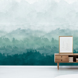 Grandeco Misty Landscape Mountains 3 Panel Repeatable Mural 1.59 X 2.8M, Teal