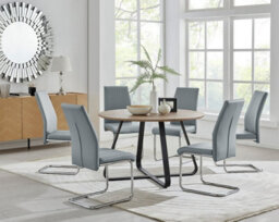 Furniturebox Uk Santorini Brown Wood Effect Round Dining Table & 6 Grey Lorenzo Chairs
