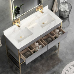 Royal Bathrooms Vienna 1200mm Rock Grey Freestanding Bathroom Cabinet Vanity Unit With Brushed Brass Frame & Carrara White Top - thumbnail 4