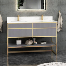 Royal Bathrooms Vienna 1200mm Rock Grey Freestanding Bathroom Cabinet Vanity Unit With Brushed Brass Frame & Carrara White Top
