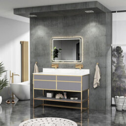 Royal Bathrooms Vienna 1200mm Rock Grey Freestanding Bathroom Cabinet Vanity Unit With Brushed Brass Frame & Carrara White Top - thumbnail 3
