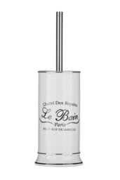 Orsina White Stoneware Toilet Brush & Holder, Bathroom Loo Brush With Black Lettering, Sturdy Lavatory Brushes