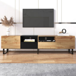 Abrihome 190Cm Modern Tv Stand With Storage - Black & Wood Media Console With Doors, Drawers & Smooth Sliding Rails - thumbnail 2