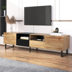 Abrihome 190Cm Modern Tv Stand With Storage - Black & Wood Media Console With Doors, Drawers & Smooth Sliding Rails - thumbnail 3