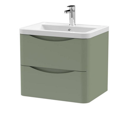 Dezine Thames 600mm 2 Drawer Satin Green Wall Hung Vanity Unit - image 1