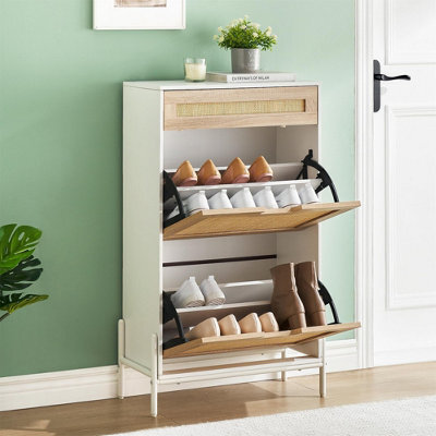 London Boutique Slim Rattan Shoe Cabinet, Hallway Shoe Storage, Shoe Rack With 3 Tilt Out Drawers, Adjustable Shelves, White - image 1