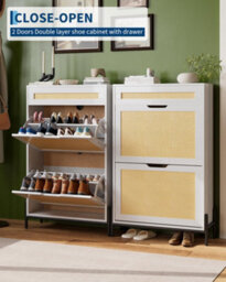 London Boutique Slim Rattan Shoe Cabinet, Hallway Shoe Storage, Shoe Rack With 3 Tilt Out Drawers, Adjustable Shelves, White - thumbnail 4