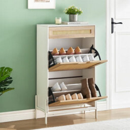 London Boutique Slim Rattan Shoe Cabinet, Hallway Shoe Storage, Shoe Rack With 3 Tilt Out Drawers, Adjustable Shelves, White - thumbnail 1