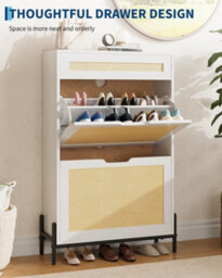 London Boutique Slim Rattan Shoe Cabinet, Hallway Shoe Storage, Shoe Rack With 3 Tilt Out Drawers, Adjustable Shelves, White - thumbnail 6