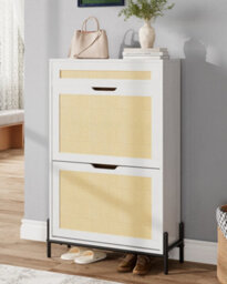 London Boutique Slim Rattan Shoe Cabinet, Hallway Shoe Storage, Shoe Rack With 3 Tilt Out Drawers, Adjustable Shelves, White - thumbnail 2