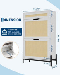 London Boutique Slim Rattan Shoe Cabinet, Hallway Shoe Storage, Shoe Rack With 3 Tilt Out Drawers, Adjustable Shelves, White - thumbnail 3